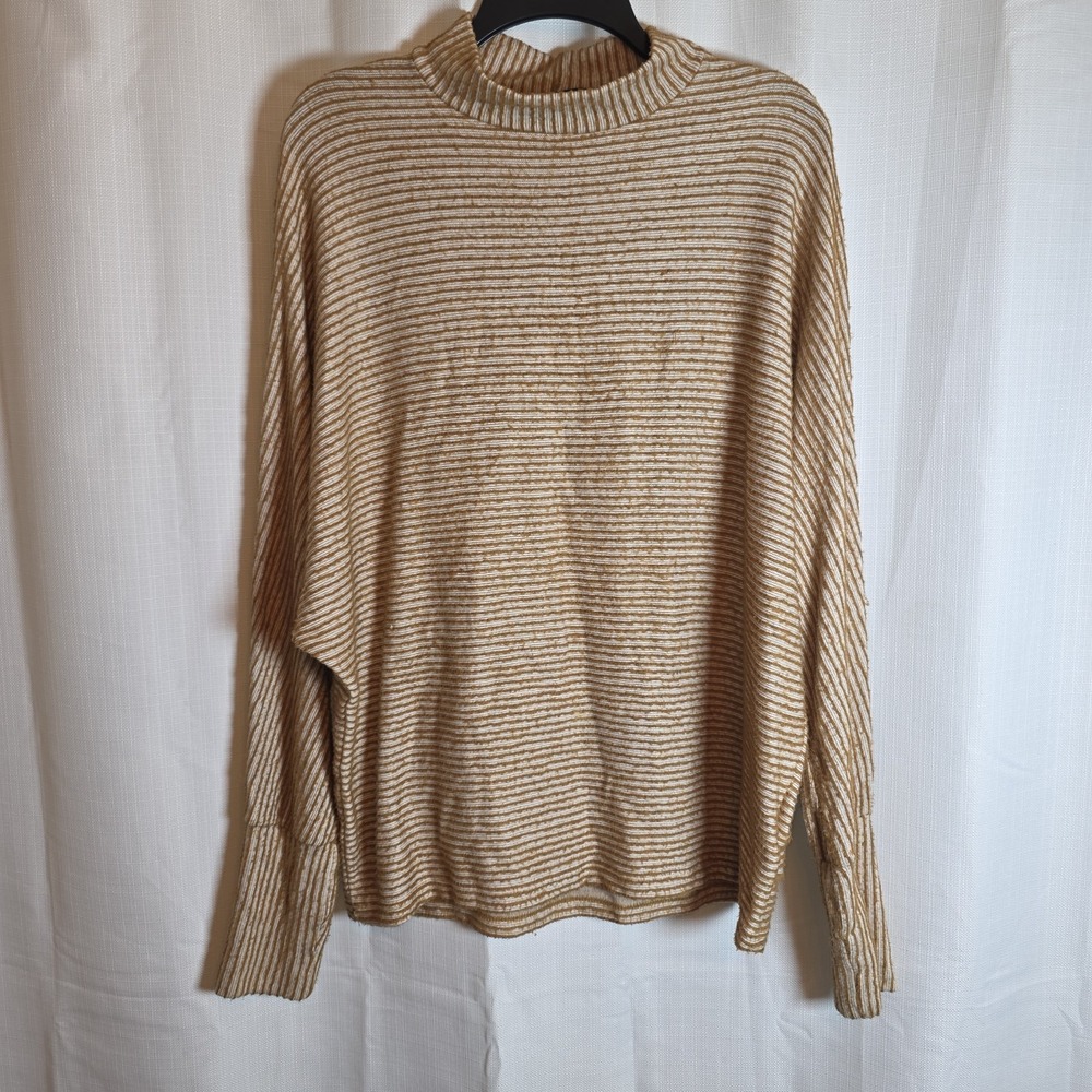 Out From Under Sweater Womens Large Tan White‎ Striped Mock Neck Pullover